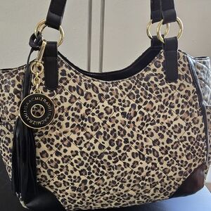 Isaac Mizrahi Leopard Print Leather Shoulder Bag with Black and Gold Details